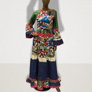 Cute Hobo Styled Maxi Dress Bird & Multi Print Cotton Long Ruffled Dress Women